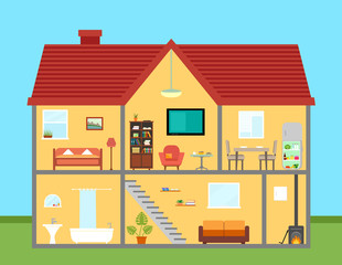 furniture on house in cut with furnishing rooms detailed