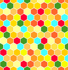 Abstract vector seamless pattern with honeycombs. Flat illustration of wasps. Color image with geometric figures. Hipster filing. Cute and beautiful honey print. Multipurpose background.