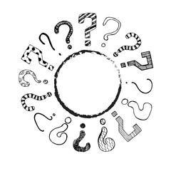 Question set concept design - hand drawn frame and question marks. Vector illustration on white background.