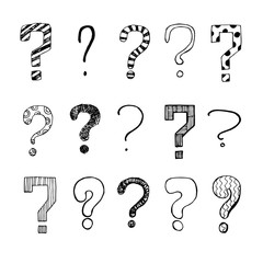 Question set concept design - hand drawn frame and question marks. Vector illustration on white background.