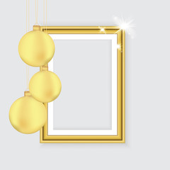 Fototapeta na wymiar Elegant Merry Christmas and happy new year Poster Template with Shining Gold balls on grey background. Vector illustration. Gold christmas balls. Vector illustration.