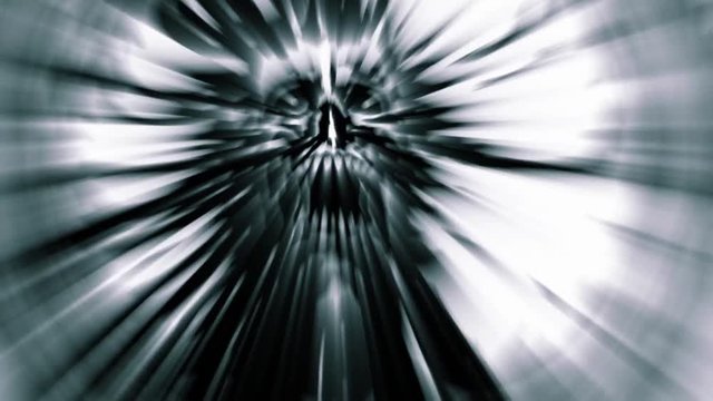 Scary silver demon skull with torn face 2D animation. Horror fantasy genre. Monster character head. Spooky character. Animated backdrop movie. Looped creepy video footage. Gloomy ghost in night.