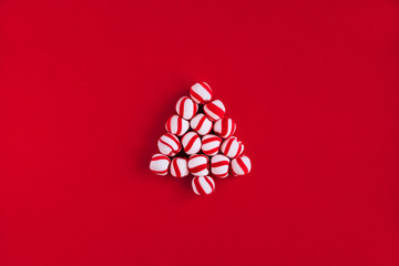 Christmas tree made of peppermint candies on red coloured background. Copy space for text