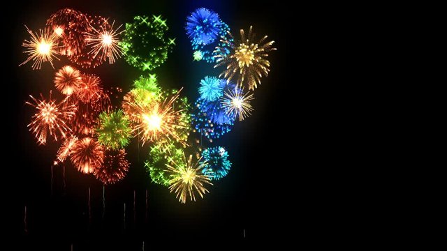 Multi colored fireworks as holidays background for New Year, Christmas or other celebration. Multi-colored firecrackers show are isolated on black. 3d animation pyrotechnic light show. 10