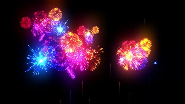 Multi colored fireworks as holiday background for New Year, Christmas other celebration. Red blue orange firecrackers show are isolated on black for compositing. 3d animation pyrotechnic light show.21