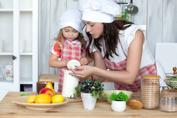 Mother and daughter cook dinner together in the kitchen. Portrait, childhood, family values.