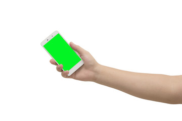 Mock up hand holding smart phone or mobile phone with green screen on white background and clipping path.