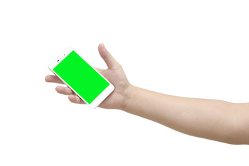 Mock up hand holding smart phone or mobile phone with green screen on white background and clipping path.