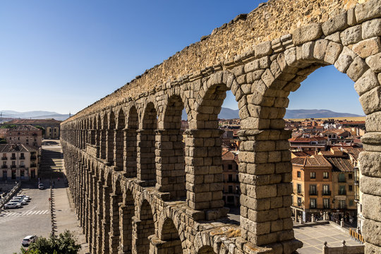 The ancient roman aqueduct bridge in Segovia Spain.