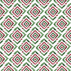Seamless Hand Drawn Watercolor Ethnic Tribal Pattern. Green and Red    watercolor rhombus on white background.