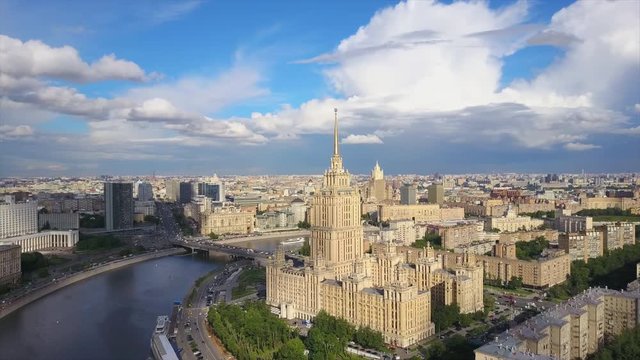 sunny day moscow city river bay famous hotel buildings aerial panorama 4k russia
