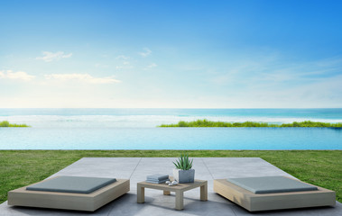 Sea view swimming pool beside terrace and modern furniture in luxury beach house with blue sky background, Lounge for outdoor living at vacation home or hotel - 3d illustration of tourist resort
