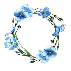 Fototapeta na wymiar Wildflower flax wreath in a watercolor style. Full name of the plant: flax . Aquarelle wild flower for background, texture, wrapper pattern, frame or border.