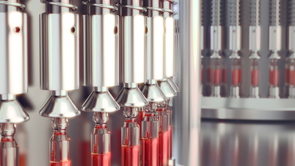 Pharmaceutical manufacturing line at pharmacy factory. 3d illustration