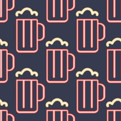 Light neon beer cups seamless pattern background vector illustration font decorative symbols night bright objects.