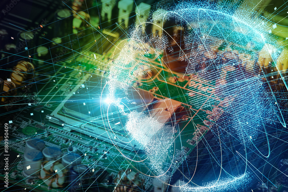 Poster electronic circuit board and global network concept.