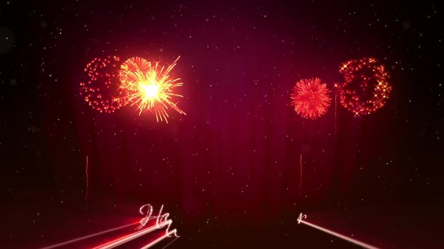 Beautiful red orange fireworks with laser show on winter night sky in eve New Year. Rich fireworks as holidays background for New Year or Christmas. 3d animation pyrotechnic light show with snow.13