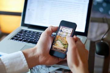 Fototapeta na wymiar order food on internet, restaurant meals delivery online