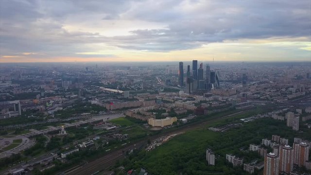 sunset sky modern moscow city high aerial panorama 4k russia
