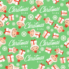 Boy and girl wearing Christmas fancy hat : Seamless Pattern : Vector Illustration