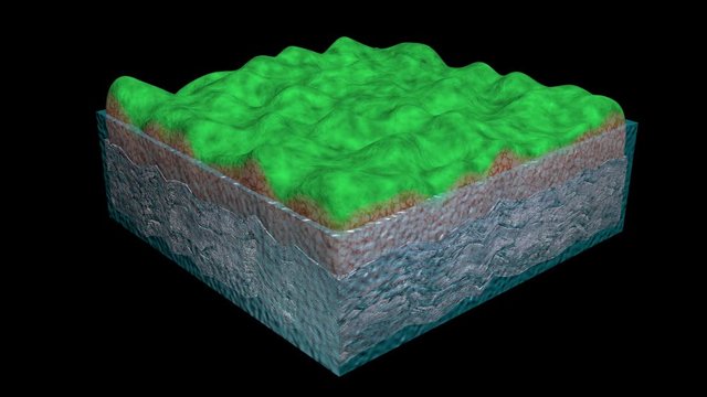 Flood plain, Water table rising and covering landscape. 3d animation