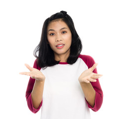 Portrait of a beautiful woman in a pose I do not know. Isolated on white background