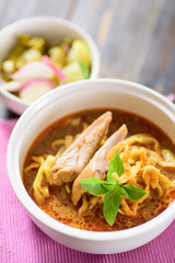 Northern Thai food (Khao soi), curry noodles soup with chicken