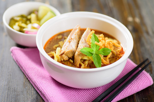 Northern Thai food (Khao soi), curry noodles soup with chicken
