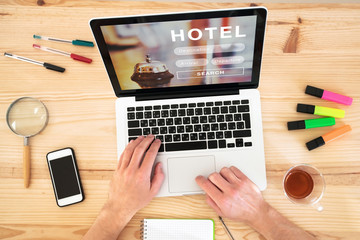 hotel booking on internet, online reservation on the screen of computer
