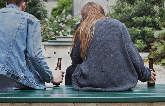 Alcoholism Concept, Young People Drinking Beer On The Street