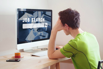 unemployment concept, job search on internet, man at home looking for good career