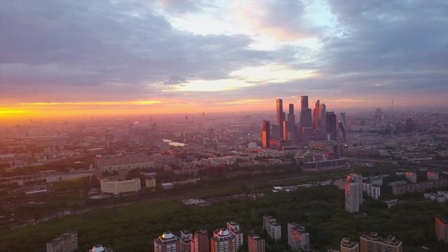 sunset time moscow city modern block cityscape aerial panorama 4k russia
