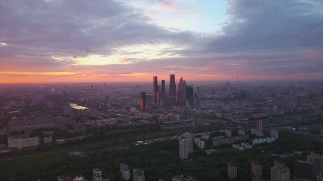sunset sky moscow city modern block cityscape aerial panorama 4k russia
