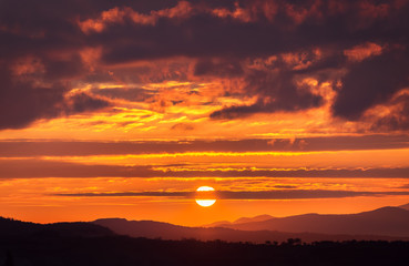 Panoramic view of mountains, autumn landscape. Sunrise!
