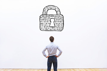 personal information protection concept, cybersecurity of data, digital lock with binary code of...