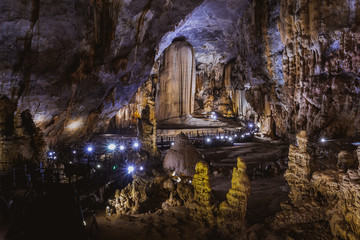 Vietnam's Paradise cave, wonderful cavern at Bo Trach, Quang Binh province, underground beautiful place for travel, heritage national with impression formation, abstract shape from stalactite
