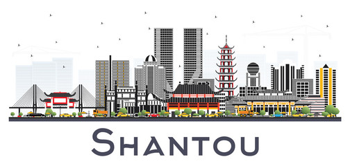 Obraz premium Shantou China Skyline with Gray Buildings Isolated on White Background.