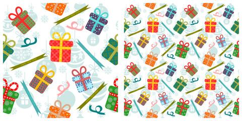 Christmas balls and present boxes in flat design. Two layers of   seamless patterns, which you can separate apart.