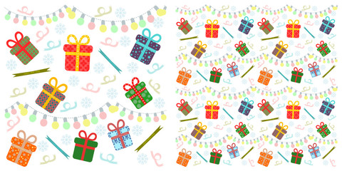Christmas lights and present boxes seamless patterns. Two layers of   seamless patterns, which you can separate apart.