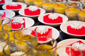 Red Sweet Gelatin Dessert on white plate in buffet restaurant