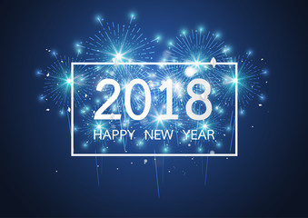Happy new year 2018 with Firework on dark background for celebration, party, and new year event. Vector illustration
