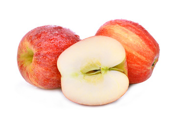 two whole and half of fresh red gala apple with drop of water  isloated on white background