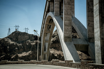 Engineering structures of Hoover Dam, Nevada. Arched Bridge over the Colorado River