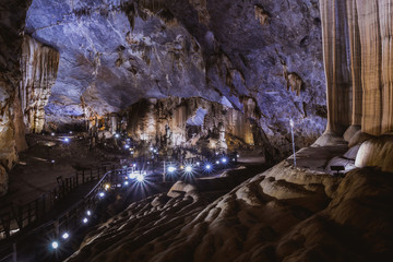 Vietnam's Paradise cave, wonderful cavern at Bo Trach, Quang Binh province, underground beautiful place for travel, heritage national with impression formation, abstract shape from stalactite