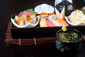 japanese cuisine. lunch box set on the background