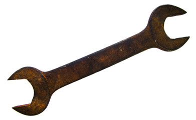 Old rusty wrench on white background