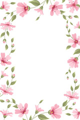 Obraz na płótnie Canvas Gypsophila baby breath floral border frame template on white background. Bright pink purple spring summer flowers garland foliage. Vertical portrait aspect ratio. Place for text. Vector illustration.