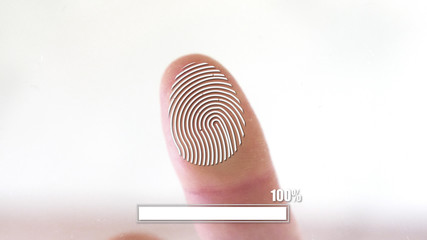Person using fingerprint identification for access with a close up view of the fingertip showing 100 percent verification on a virtual screen with copy space in a security concept