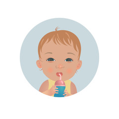 Cute baby with bottle of milk. Drinking toddler emoticon. Happy eating child vector emoji.