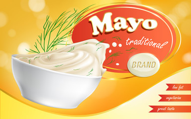 Mayonnaise brand in a plate with a low fat content and text next to it in a realistic style, vector illustration. Advertisement, sample, template.